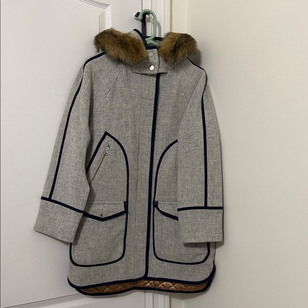 J. Crew Italian Wool Stadium Womens Gray Coat Blue Trim Removable Faux Fur